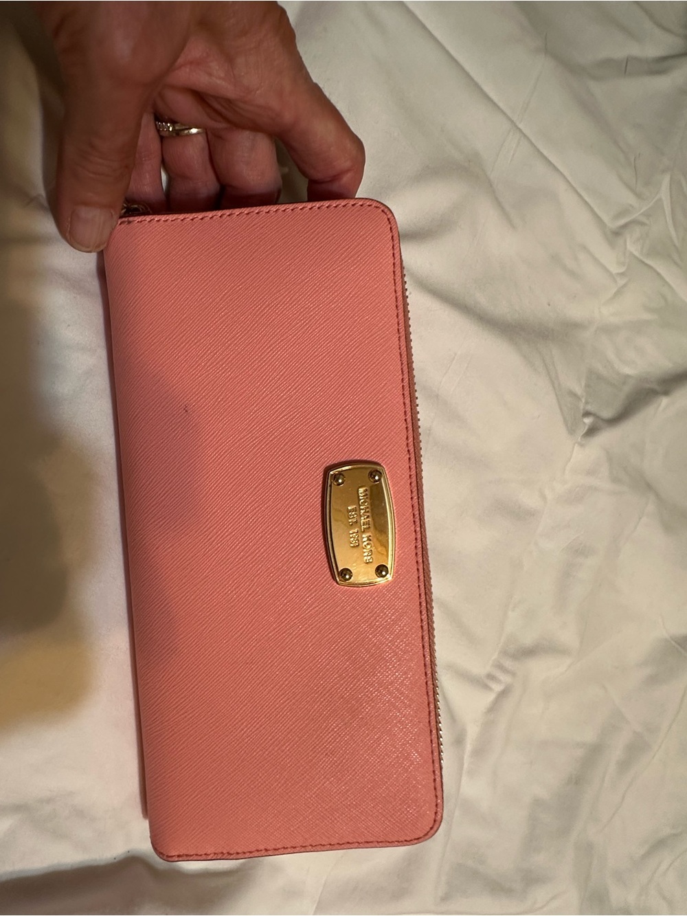Michael Kors Coral Pink Saffiano Zip Wallet with Gold Plaque